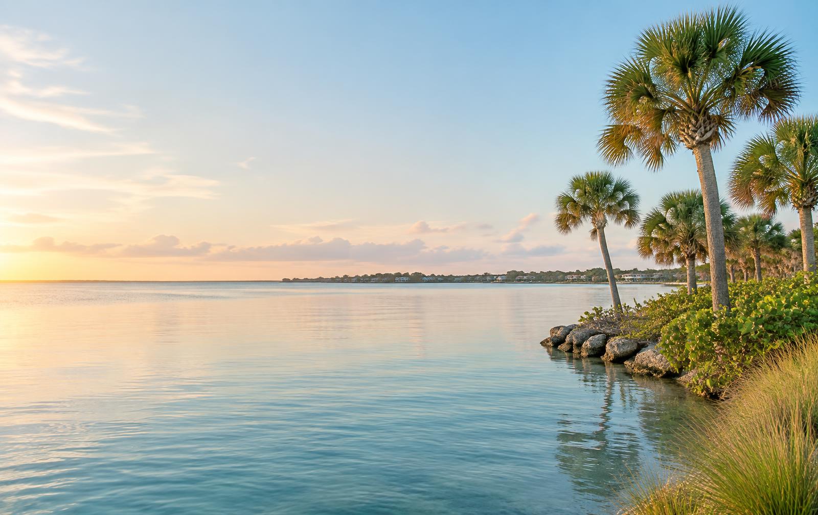 A calm Florida lagoon shoreline at sunrise
